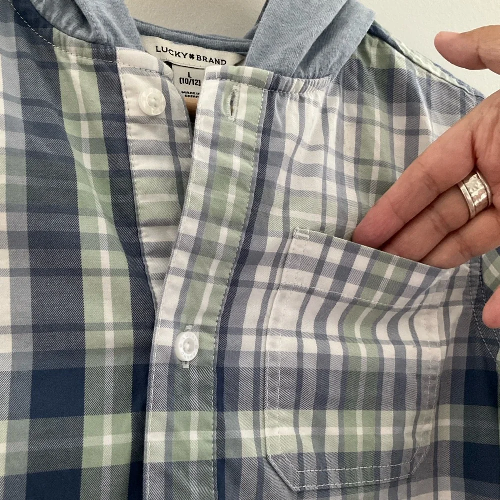 Lucky Brand Large (10-12) Plaid Hooded Shirt — Gray, Navy & Olive